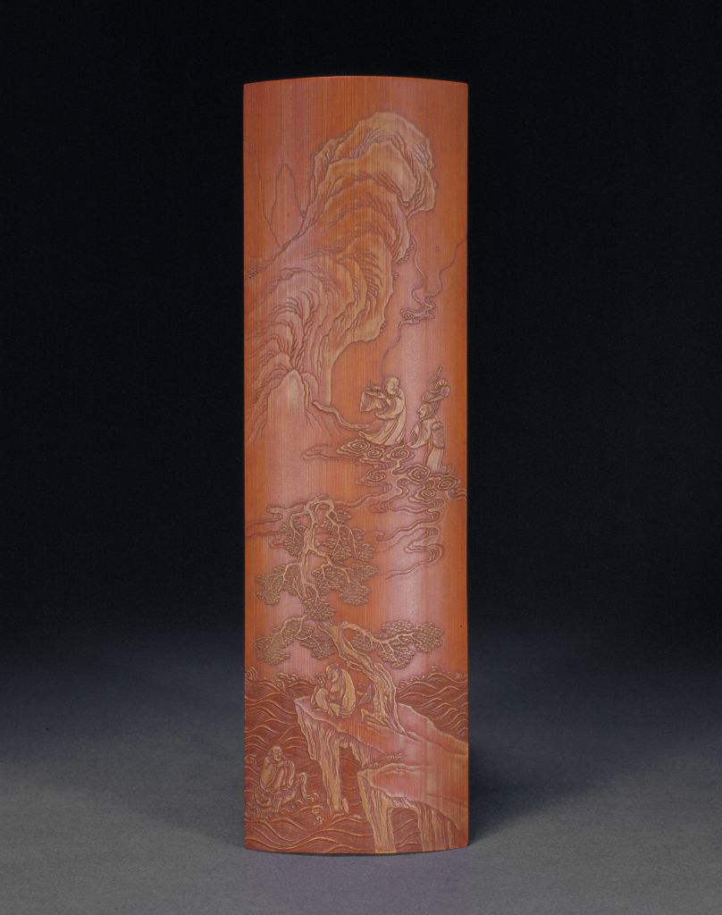 图片[1]-Bamboo Carving with Green Immortal Figure Armrest-China Archive